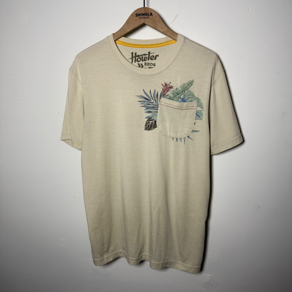 Howler Bros Mens Large Tan Tropical Floral Graphic Pocket Tee Shirt L